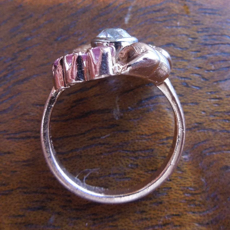 14K Rose Gold Old Mine Cut Diamond and Ruby Flower Ring