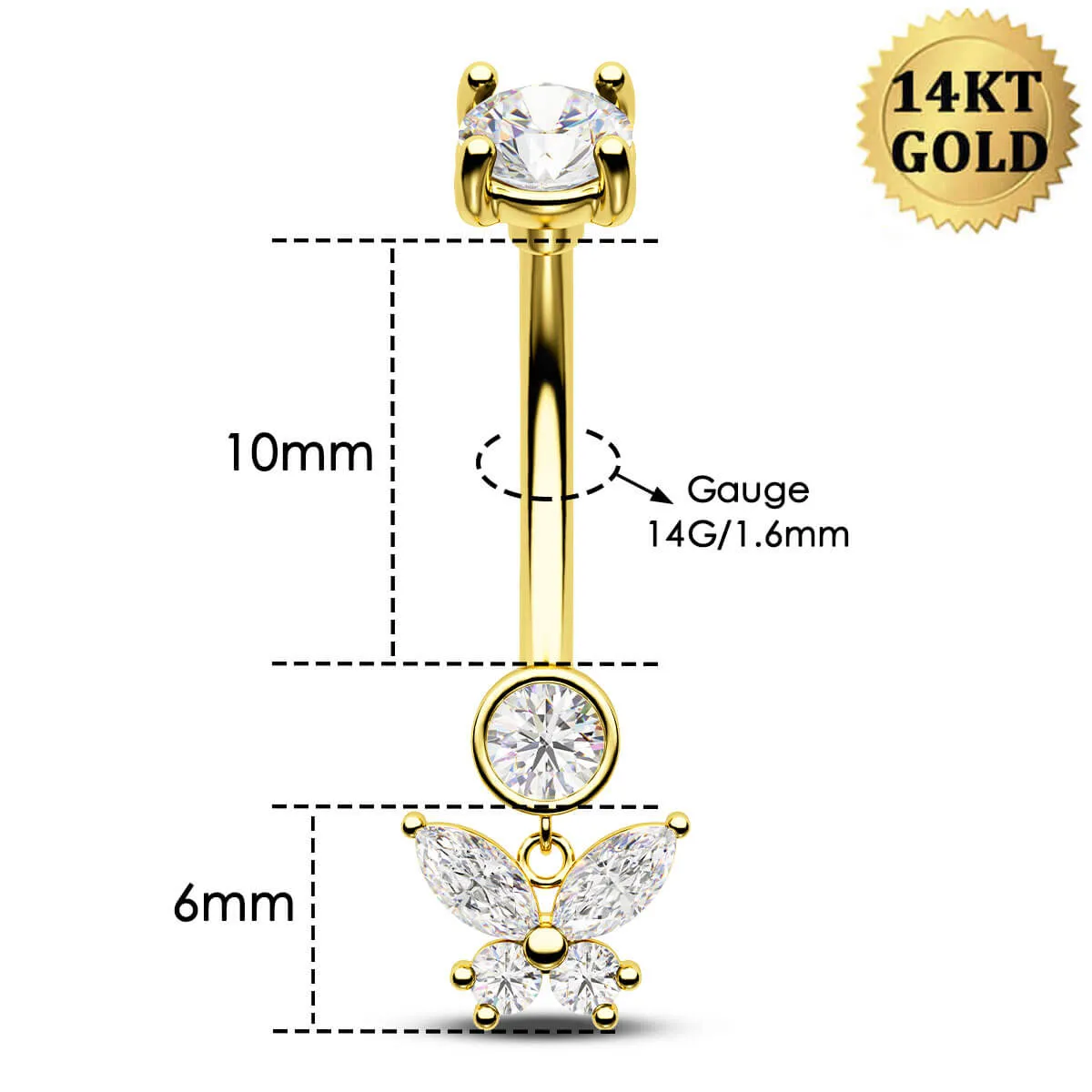 14K Solid Gold 14G Butterfly Clear CZ Belly Button Ring