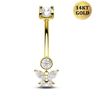 14K Solid Gold 14G Butterfly Clear CZ Belly Button Ring