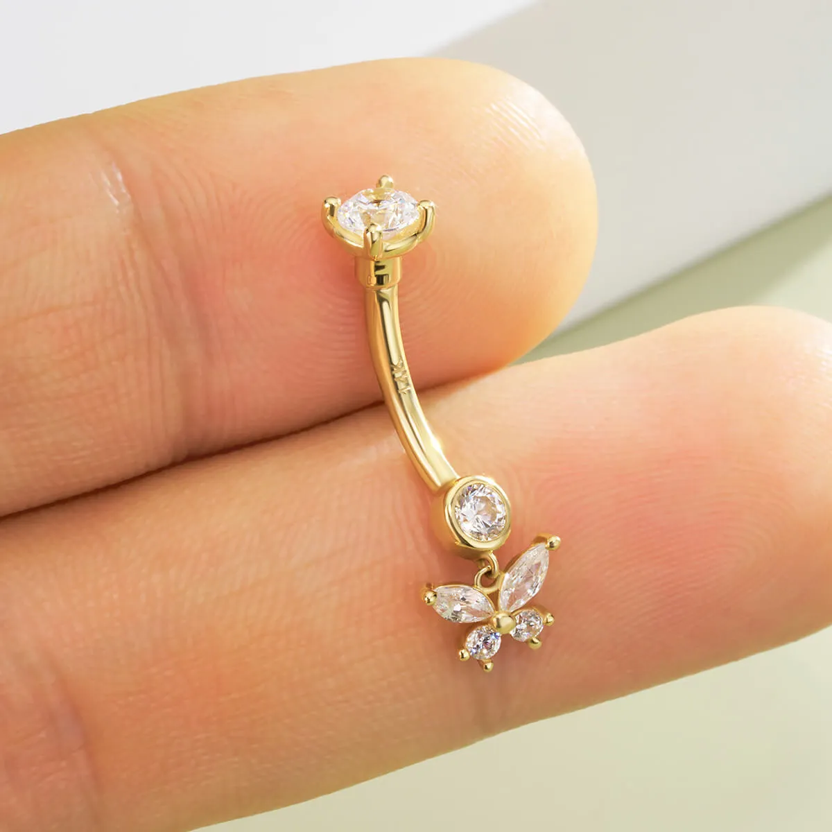 14K Solid Gold 14G Butterfly Clear CZ Belly Button Ring