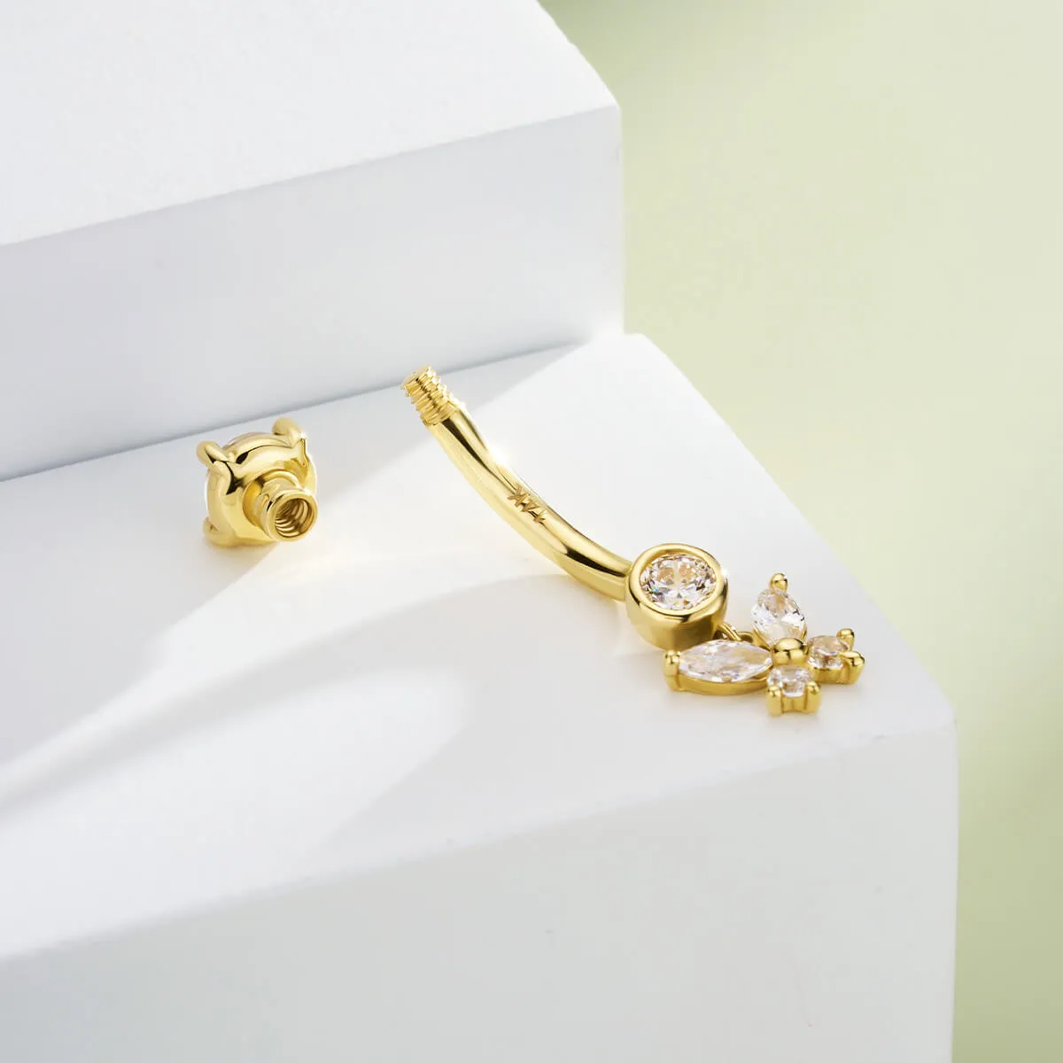 14K Solid Gold 14G Butterfly Clear CZ Belly Button Ring