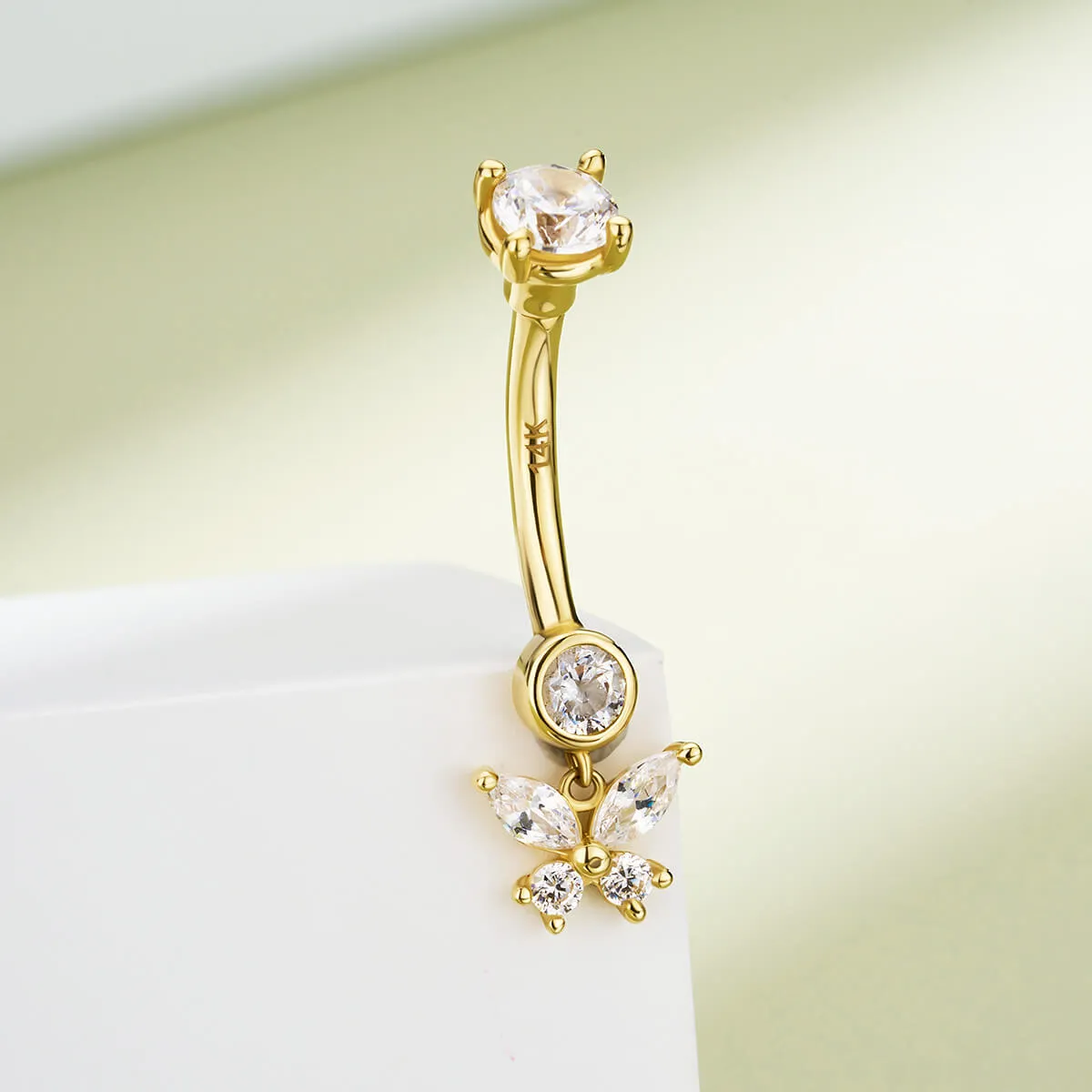 14K Solid Gold 14G Butterfly Clear CZ Belly Button Ring
