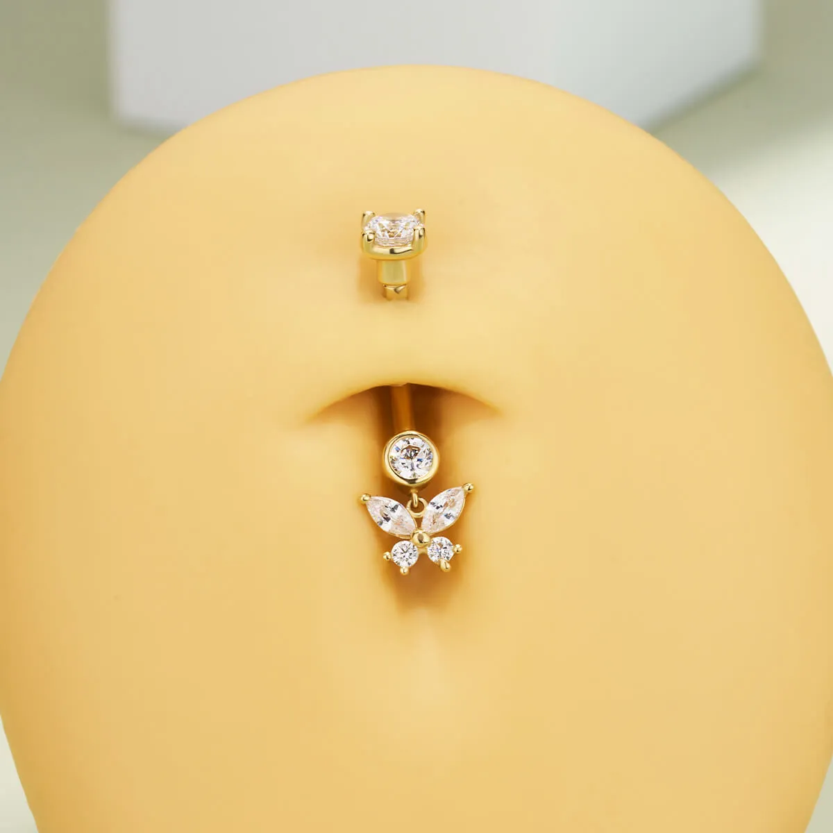 14K Solid Gold 14G Butterfly Clear CZ Belly Button Ring