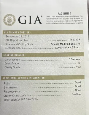 14k White Gold .87ct G VS2 Princess Cut/.65ct F VS2 Round Diamond Engagement Ring Certified By GIA # 14663639