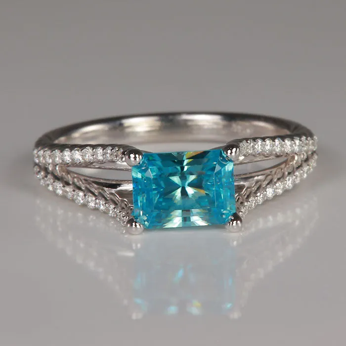 14K White Gold Barion Emerald Cut Blue Zircon and Diamond Ring 2.20 Carats