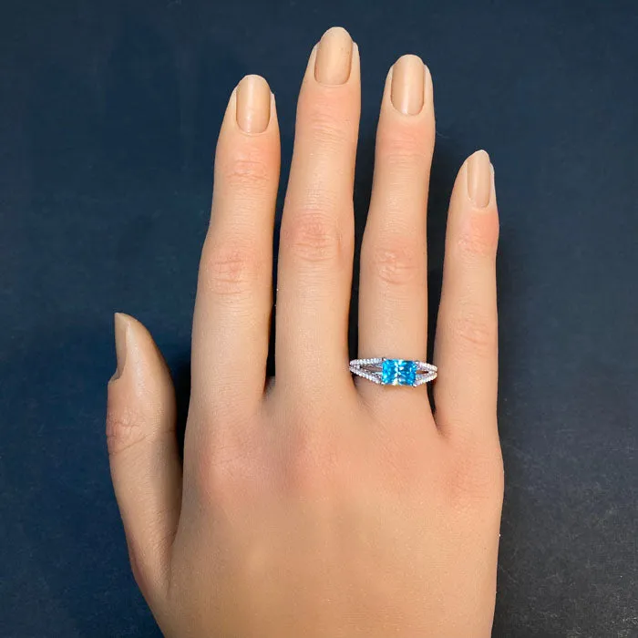 14K White Gold Barion Emerald Cut Blue Zircon and Diamond Ring 2.20 Carats