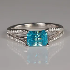 14K White Gold Barion Emerald Cut Blue Zircon and Diamond Ring 2.20 Carats