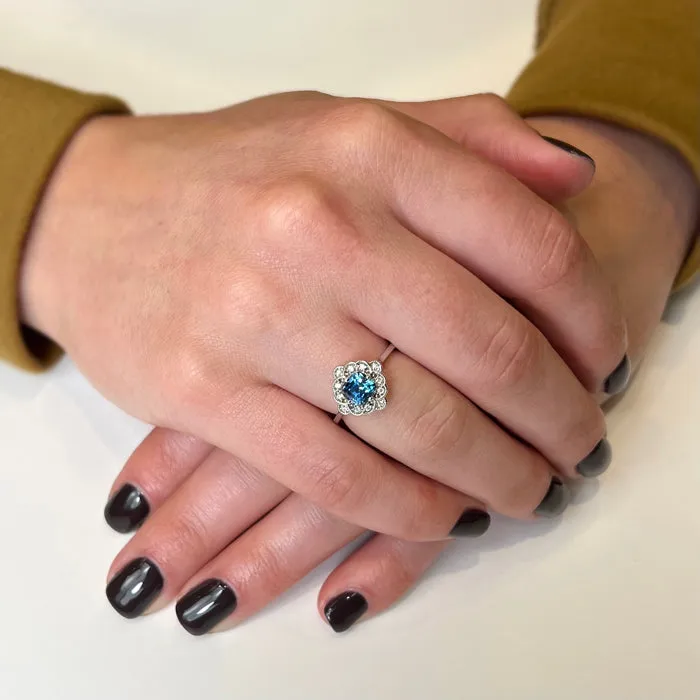 14K White Gold Blue Step Cushion Montana Sapphire and Diamond Ring 1.61 Carats