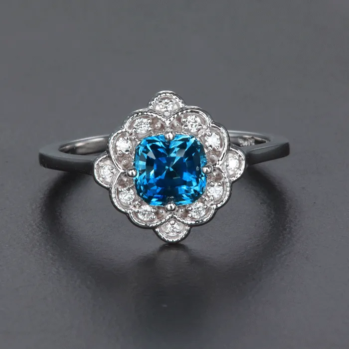 14K White Gold Blue Step Cushion Montana Sapphire and Diamond Ring 1.61 Carats