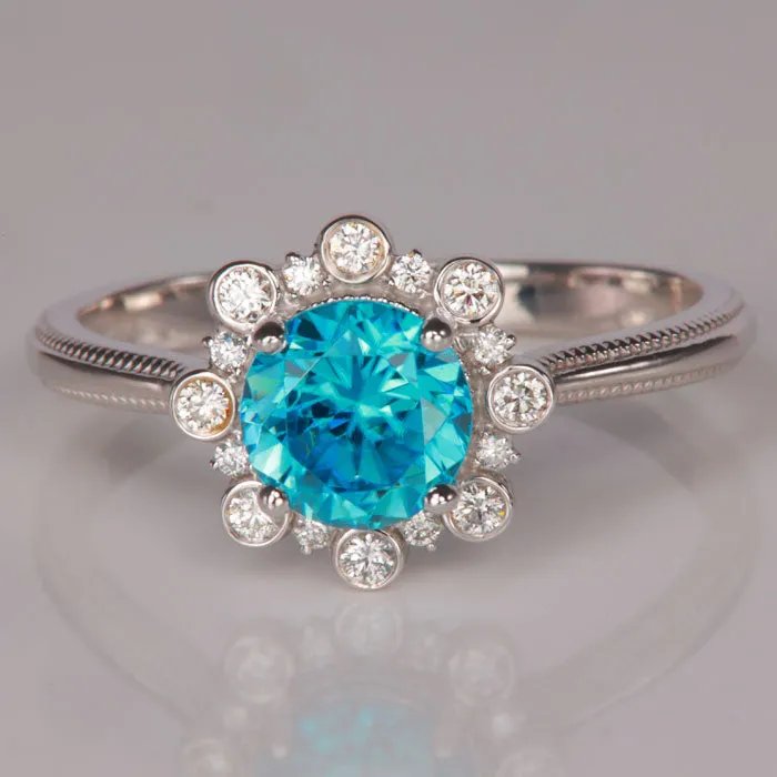14K White Gold Blue Zircon and Diamond Ring 1.70 Carats