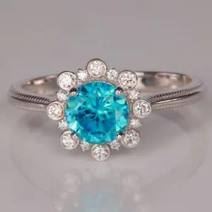 14K White Gold Blue Zircon and Diamond Ring 1.70 Carats