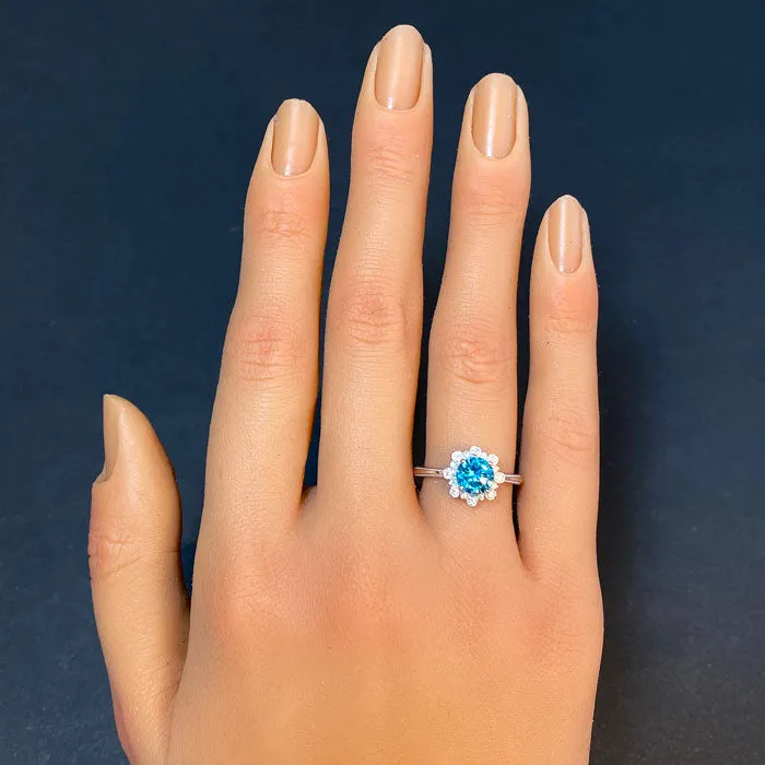 14K White Gold Blue Zircon and Diamond Ring 1.70 Carats