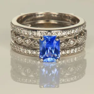 14K White Gold Emerald Cut Sapphire Ring with Diamond Ring Guard 1.60cts