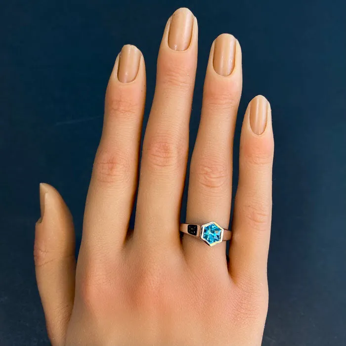 14K White Gold Hexagon Blue Zircon Ring 1.68 Carats
