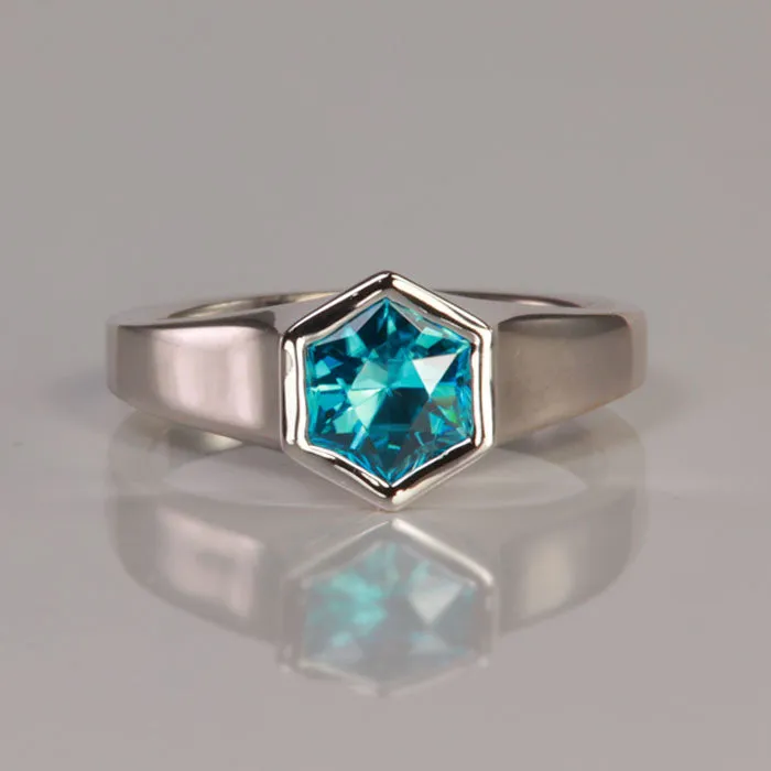 14K White Gold Hexagon Blue Zircon Ring 1.68 Carats