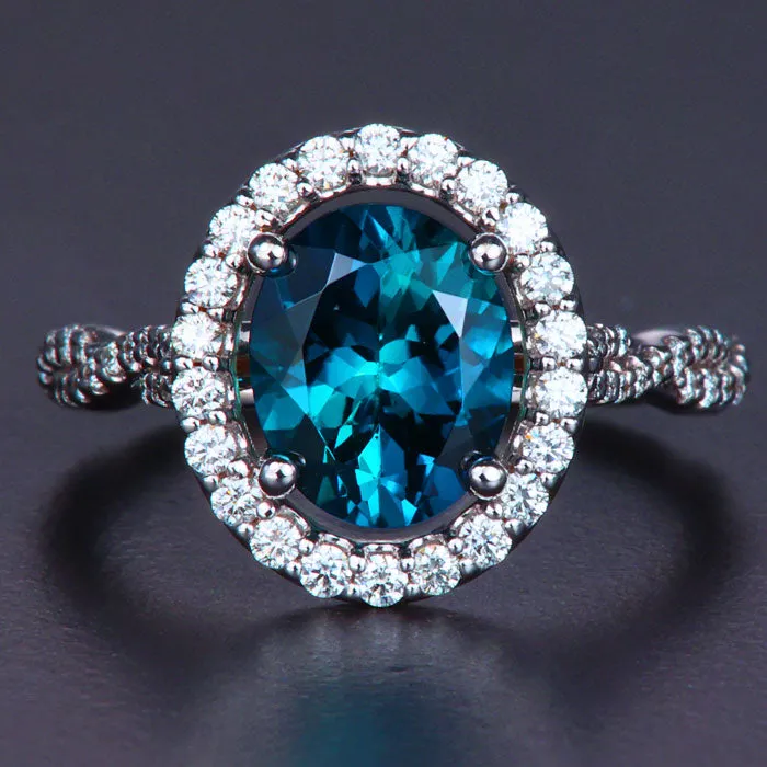14K White Gold Indicolite Tourmaline and Diamond Halo Ring 2.21 Carats