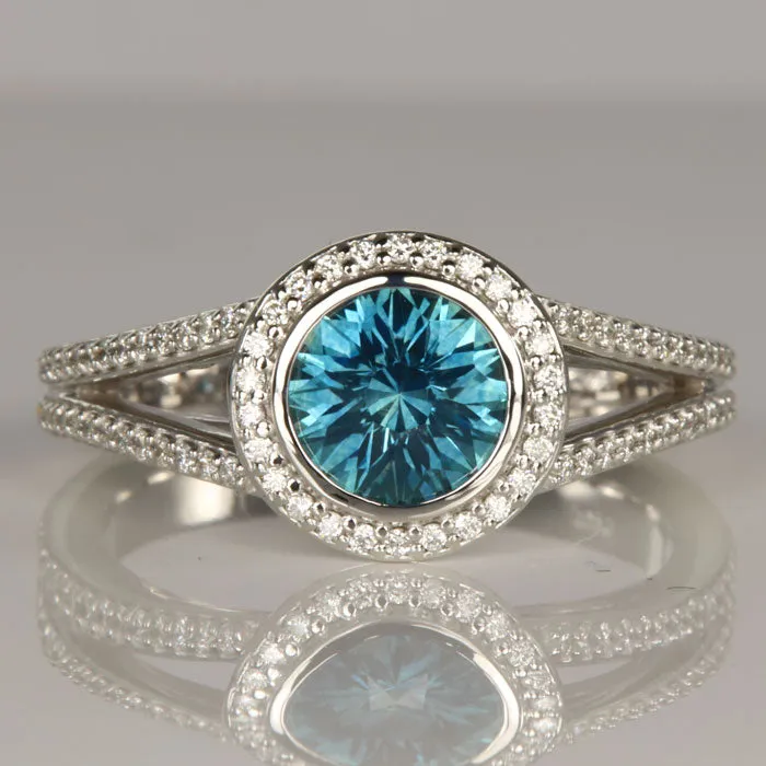14K White Gold Montana Sapphire Diamond Halo Ring 1.26cts