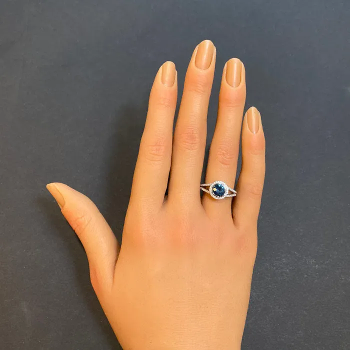 14K White Gold Montana Sapphire Diamond Halo Ring 1.26cts