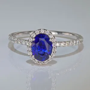 14K White Gold Oval Blue Sapphire and Diamond Halo Ring 1.38 Carats