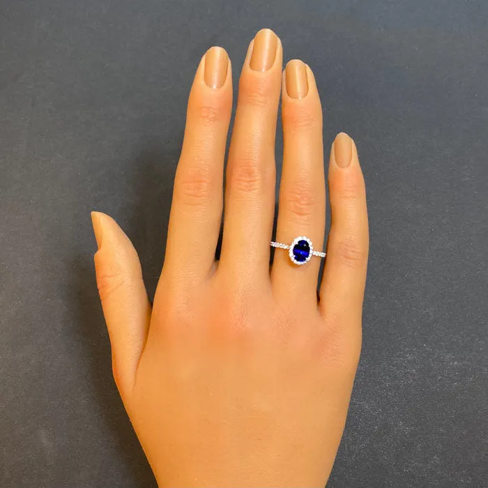 14K White Gold Oval Blue Sapphire and Diamond Halo Ring 1.38 Carats