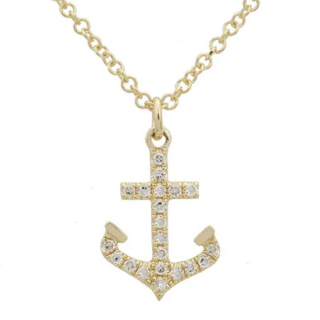 14K Yellow Gold Diamond Anchor Pendant & Chain