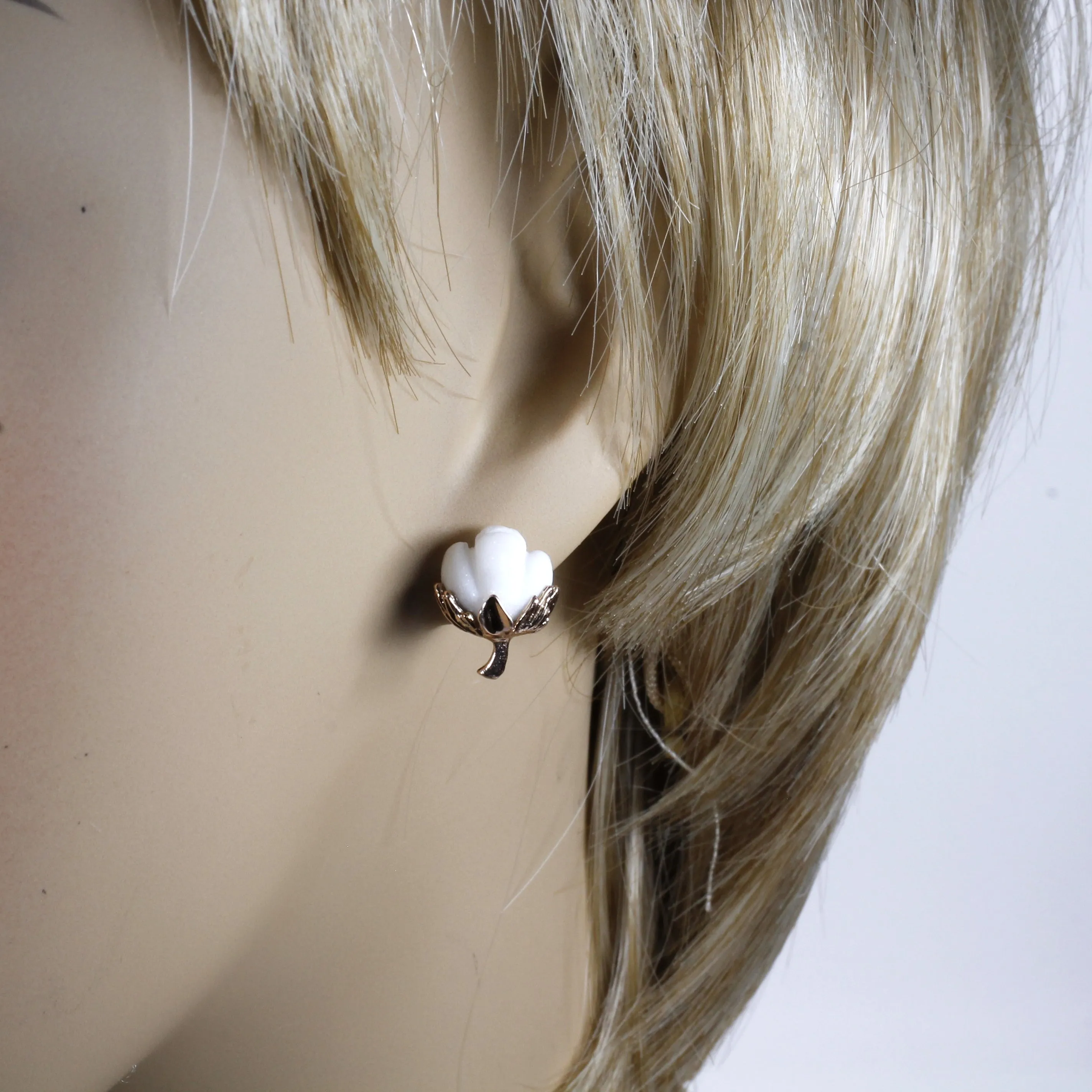 14kt Rose Gold Handmade Cotton Boll Earrings with White Cotton Stones