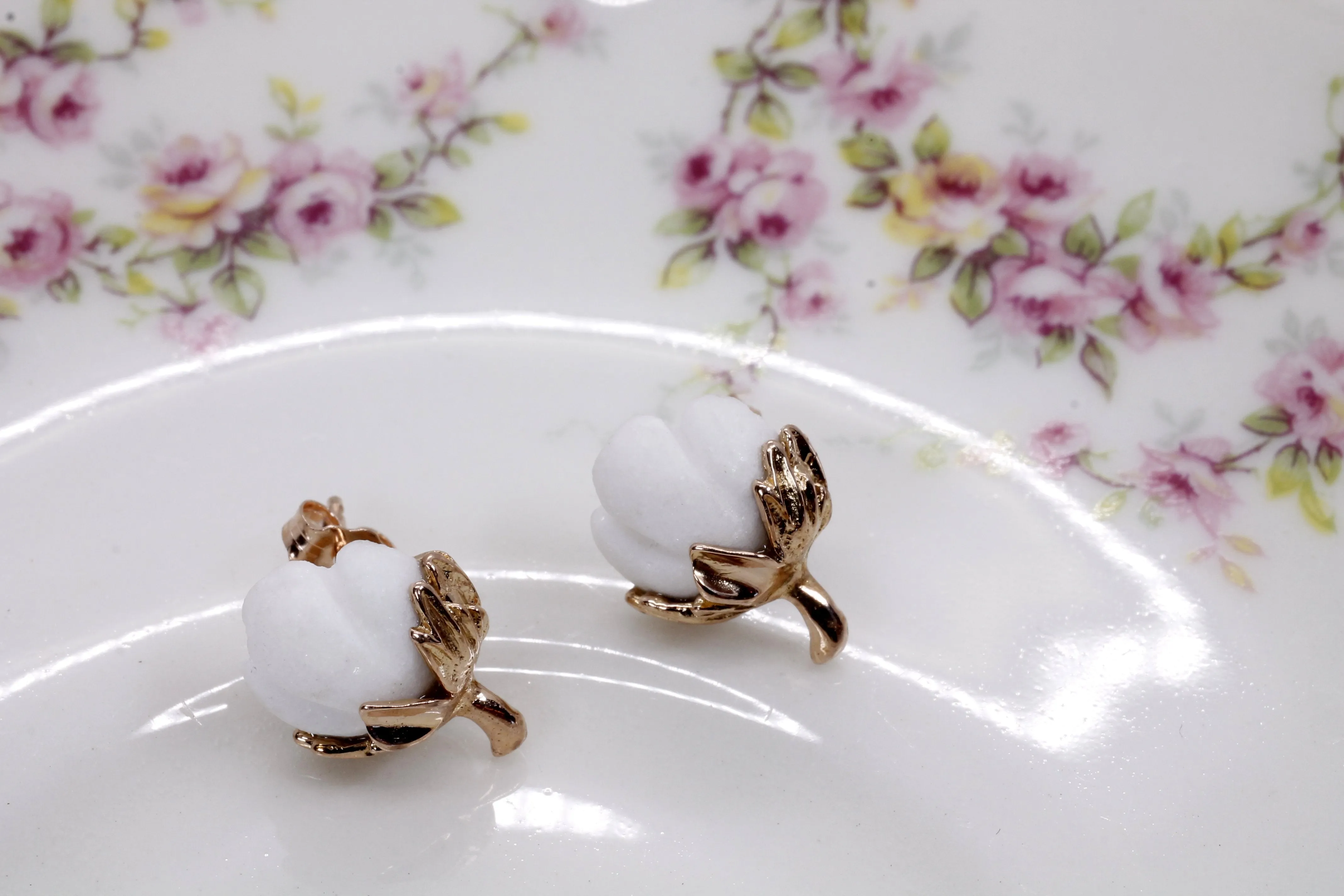 14kt Rose Gold Handmade Cotton Boll Earrings with White Cotton Stones