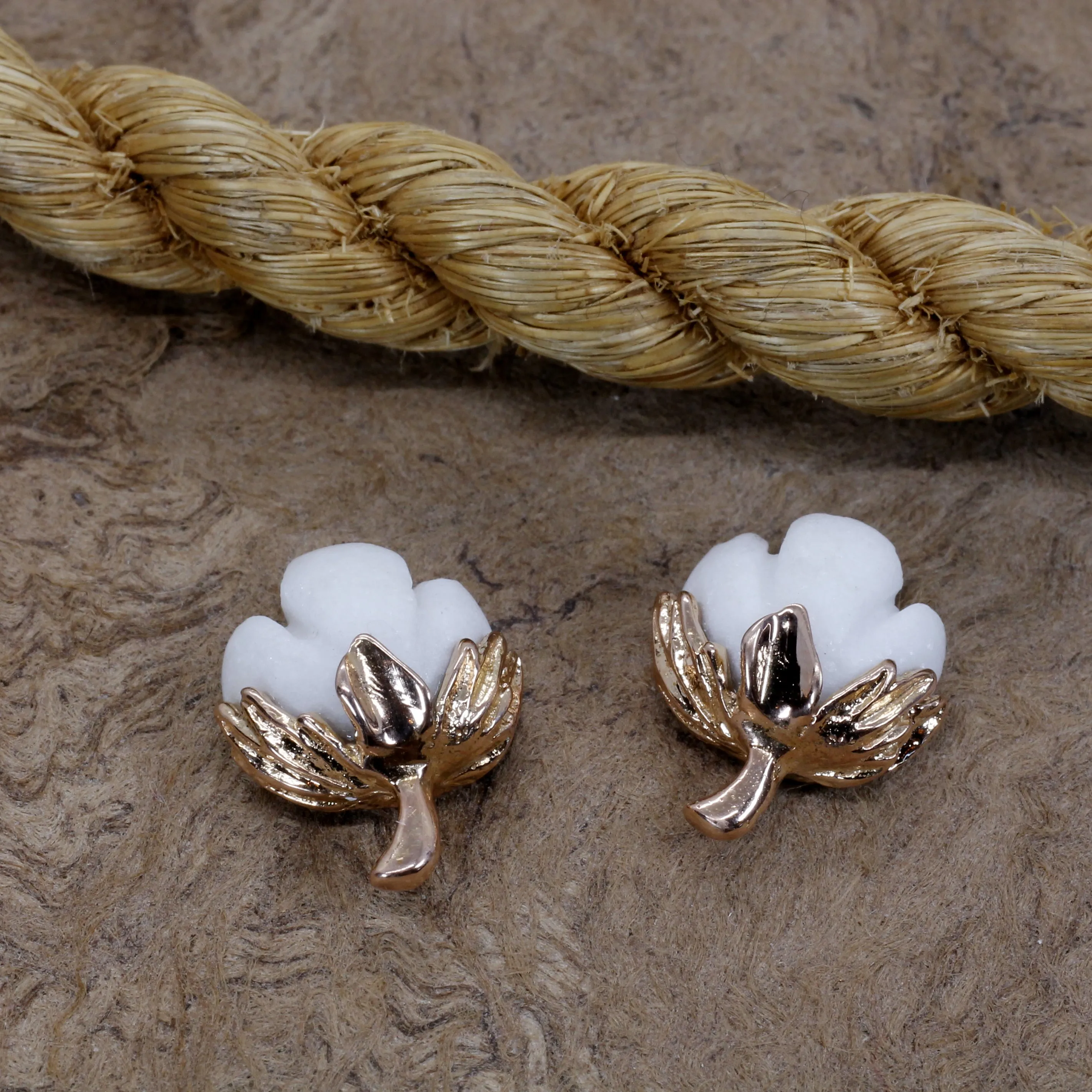 14kt Rose Gold Handmade Cotton Boll Earrings with White Cotton Stones