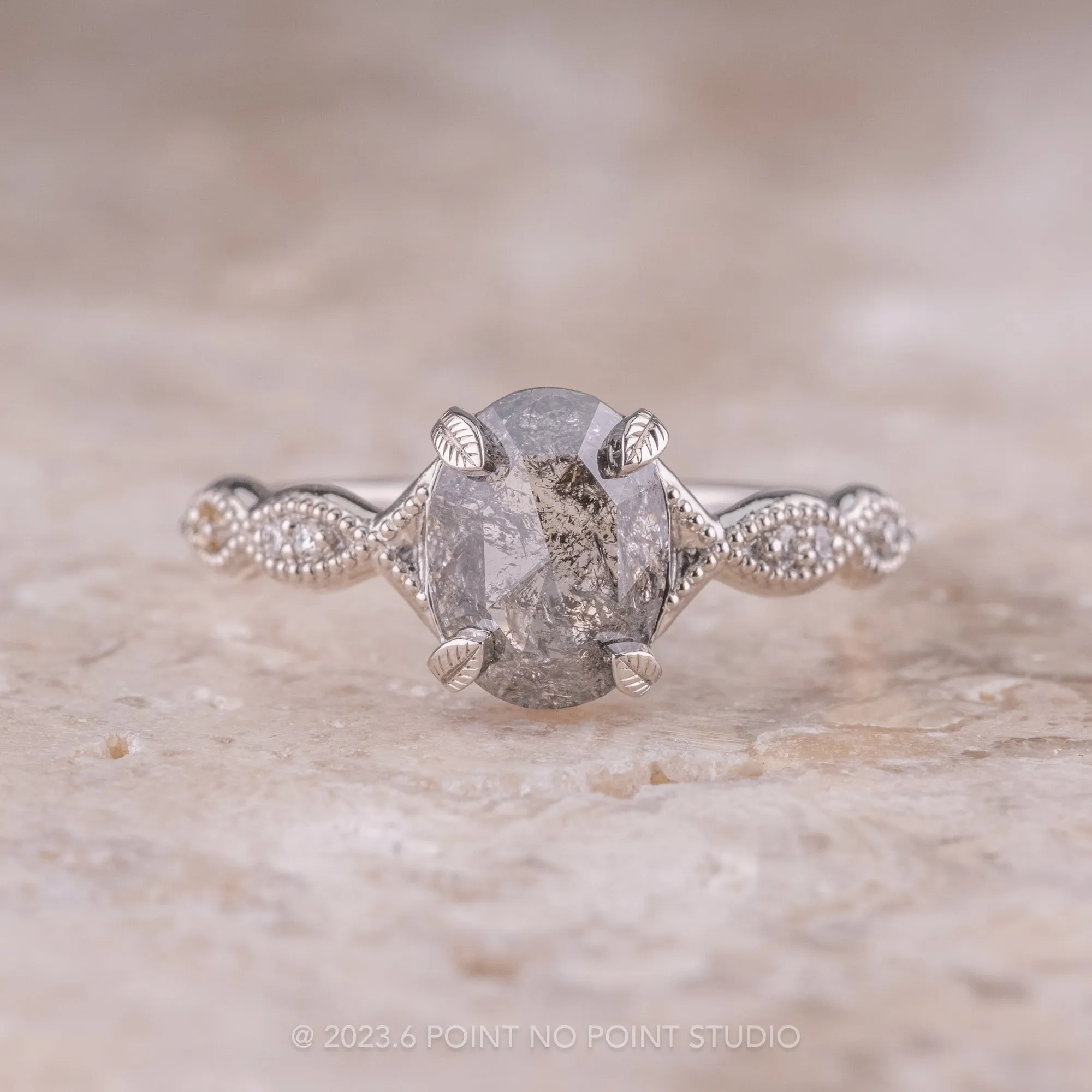 1.53 Carat Salt and Pepper Oval Diamond Engagement Ring, Winter Setting, 14k White Gold