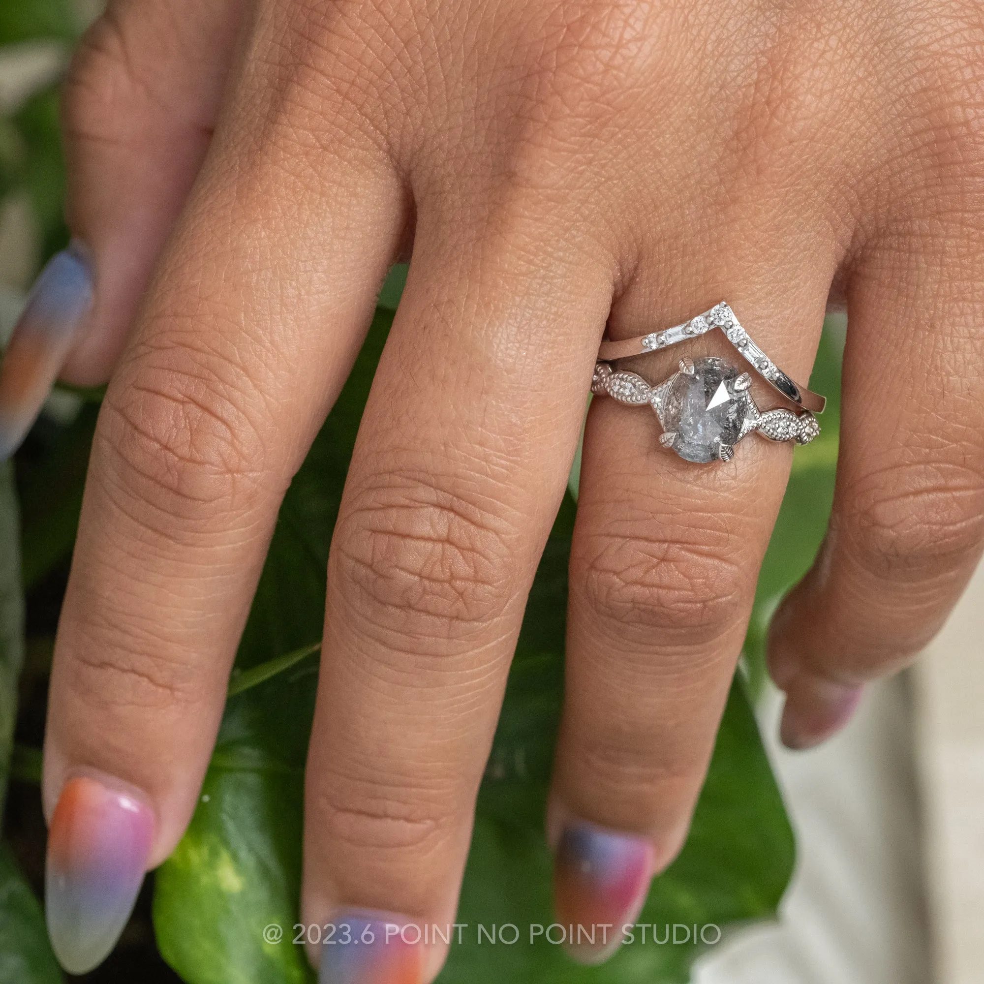 1.53 Carat Salt and Pepper Oval Diamond Engagement Ring, Winter Setting, 14k White Gold