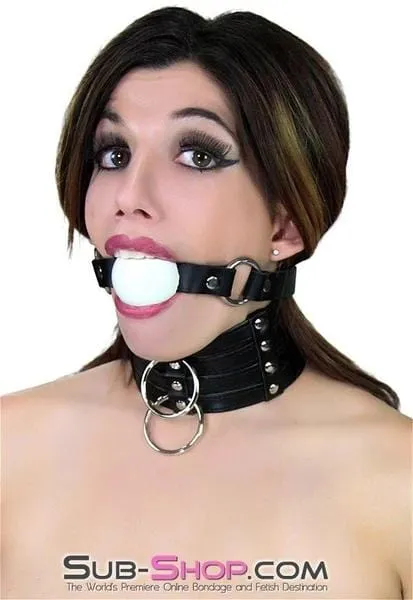 1552A      Rings of Submission Ballgag, Black Leather with White Ball