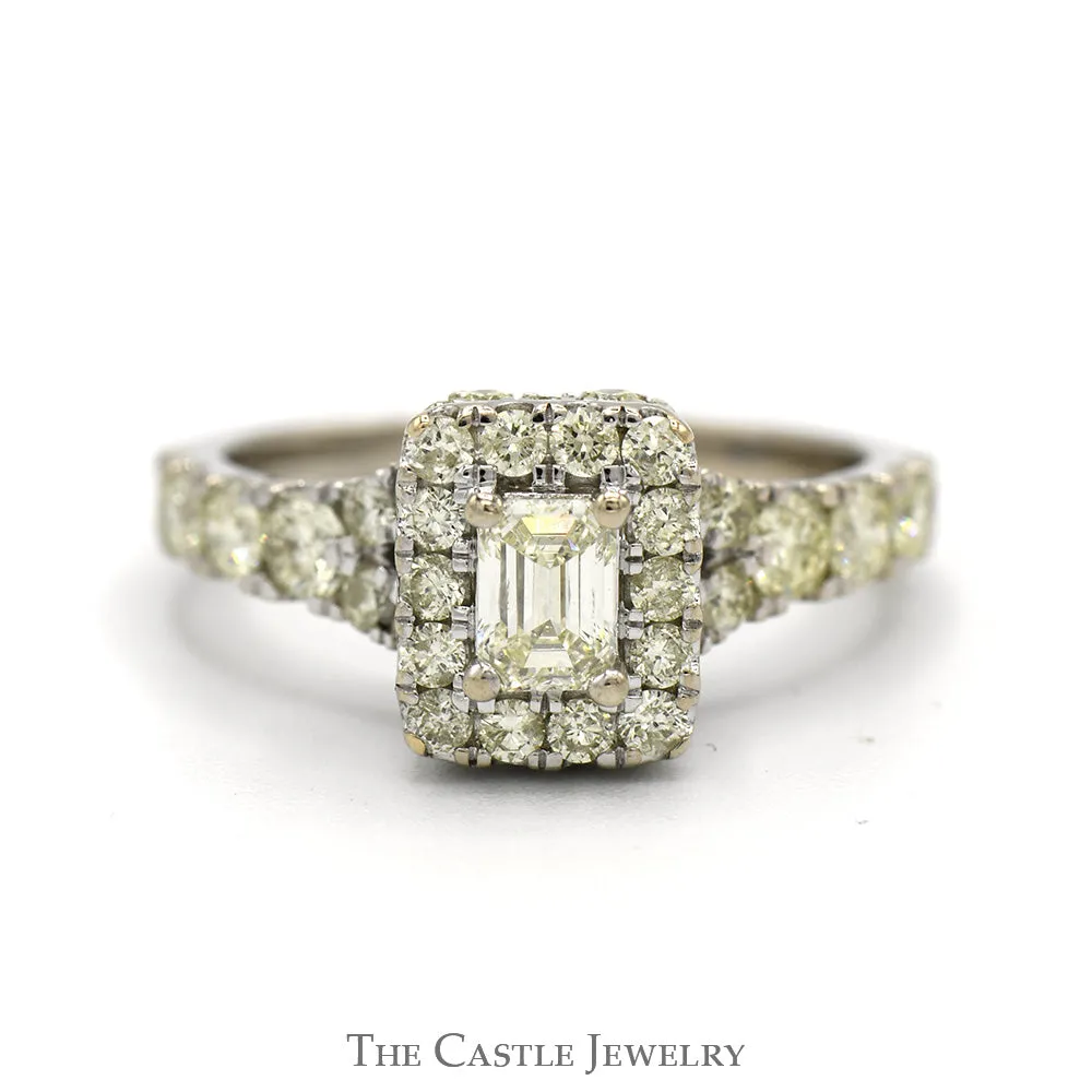 1.5cttw Emerald Cut Diamond Engagement Ring with Diamond Halo and Accented Sides in 14k White Gold