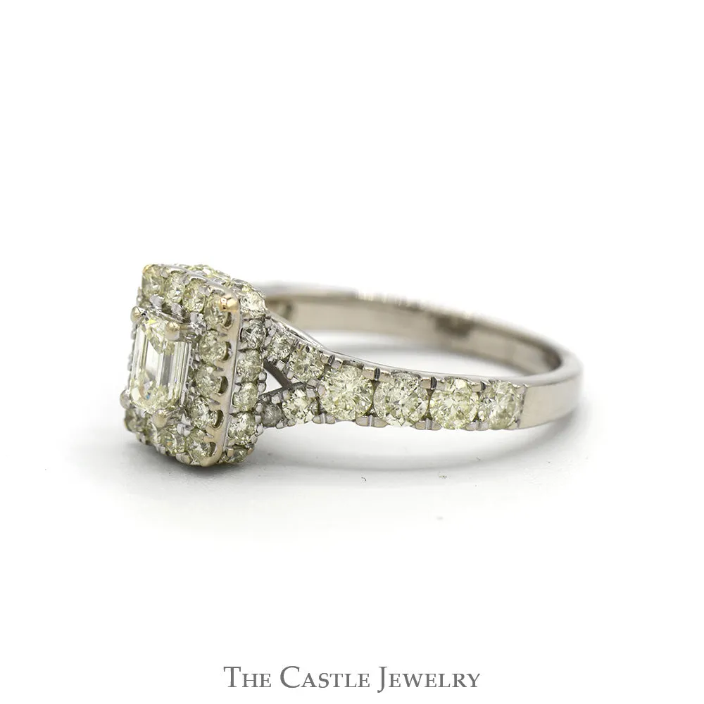 1.5cttw Emerald Cut Diamond Engagement Ring with Diamond Halo and Accented Sides in 14k White Gold
