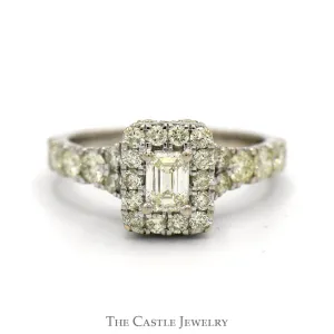1.5cttw Emerald Cut Diamond Engagement Ring with Diamond Halo and Accented Sides in 14k White Gold