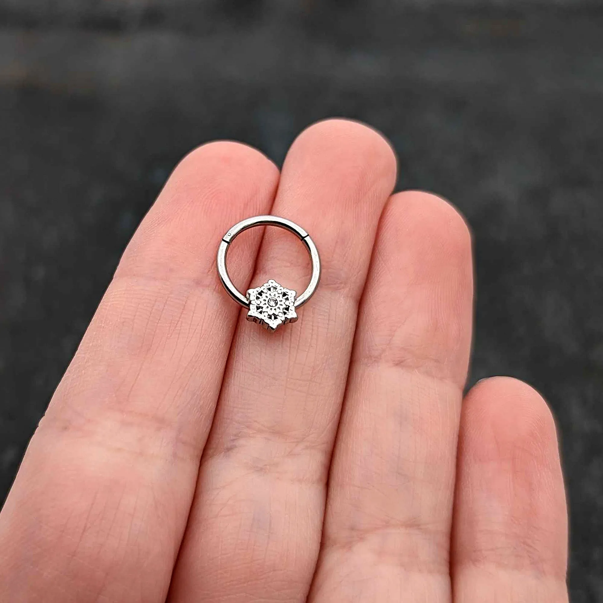 16 Gauge 3/8 Clear Gem Filigree Winter Snowflake Hinged Segment Ring