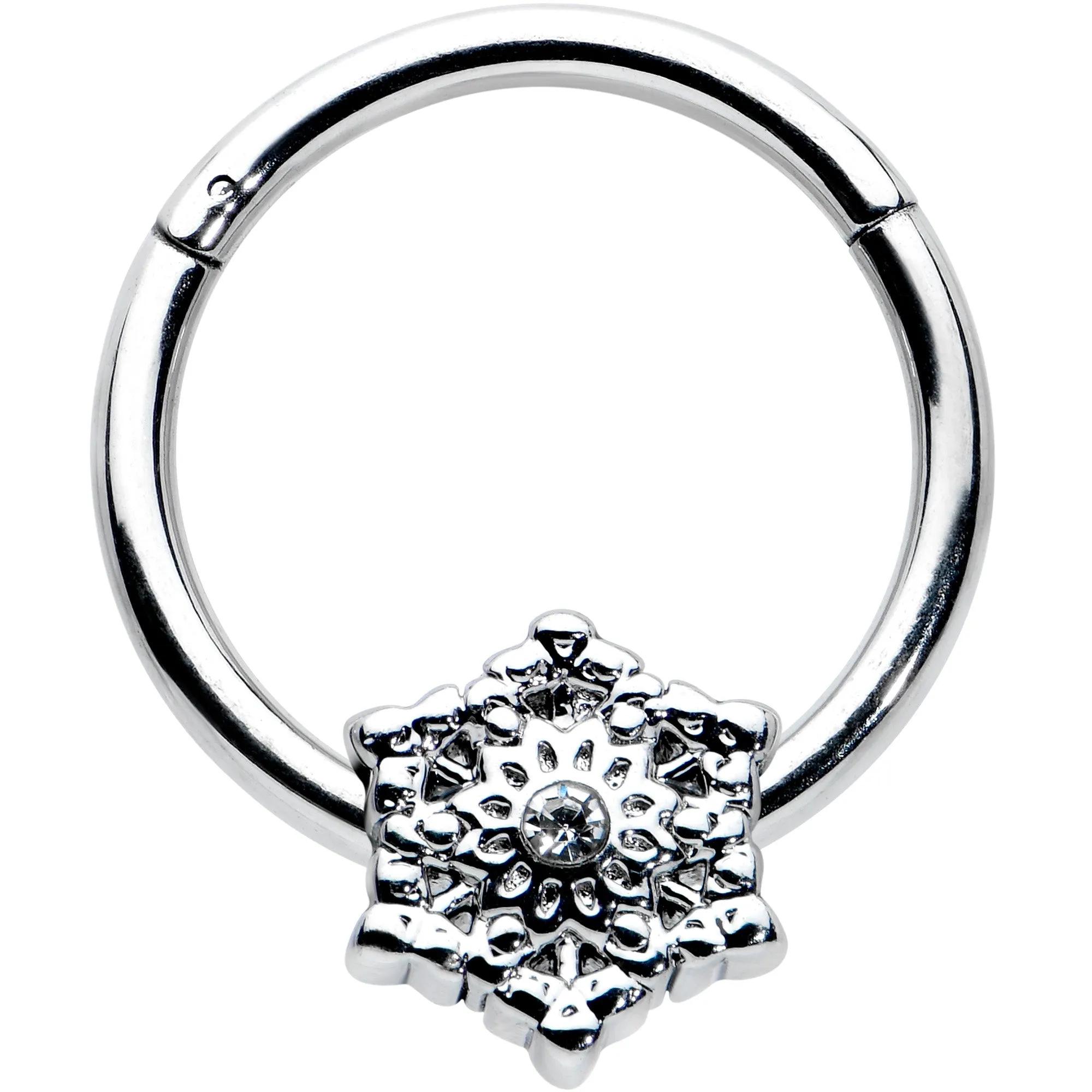 16 Gauge 3/8 Clear Gem Filigree Winter Snowflake Hinged Segment Ring