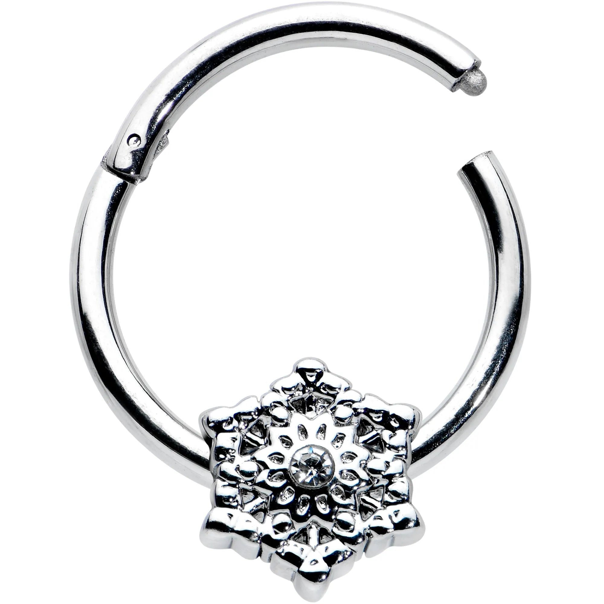 16 Gauge 3/8 Clear Gem Filigree Winter Snowflake Hinged Segment Ring