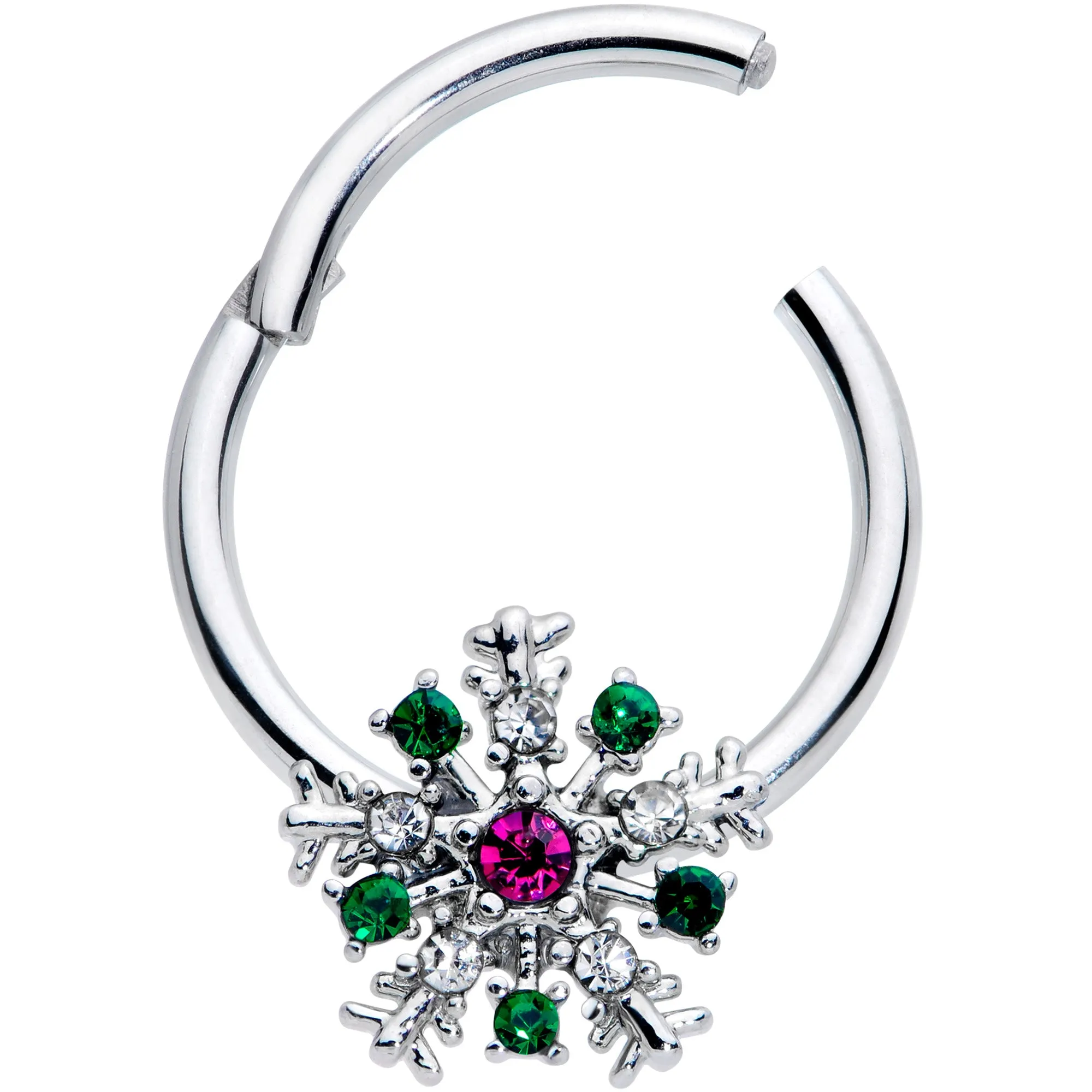 16 Gauge 3/8 Clear Green Pink Gem Snowflake Hinged Segment Ring