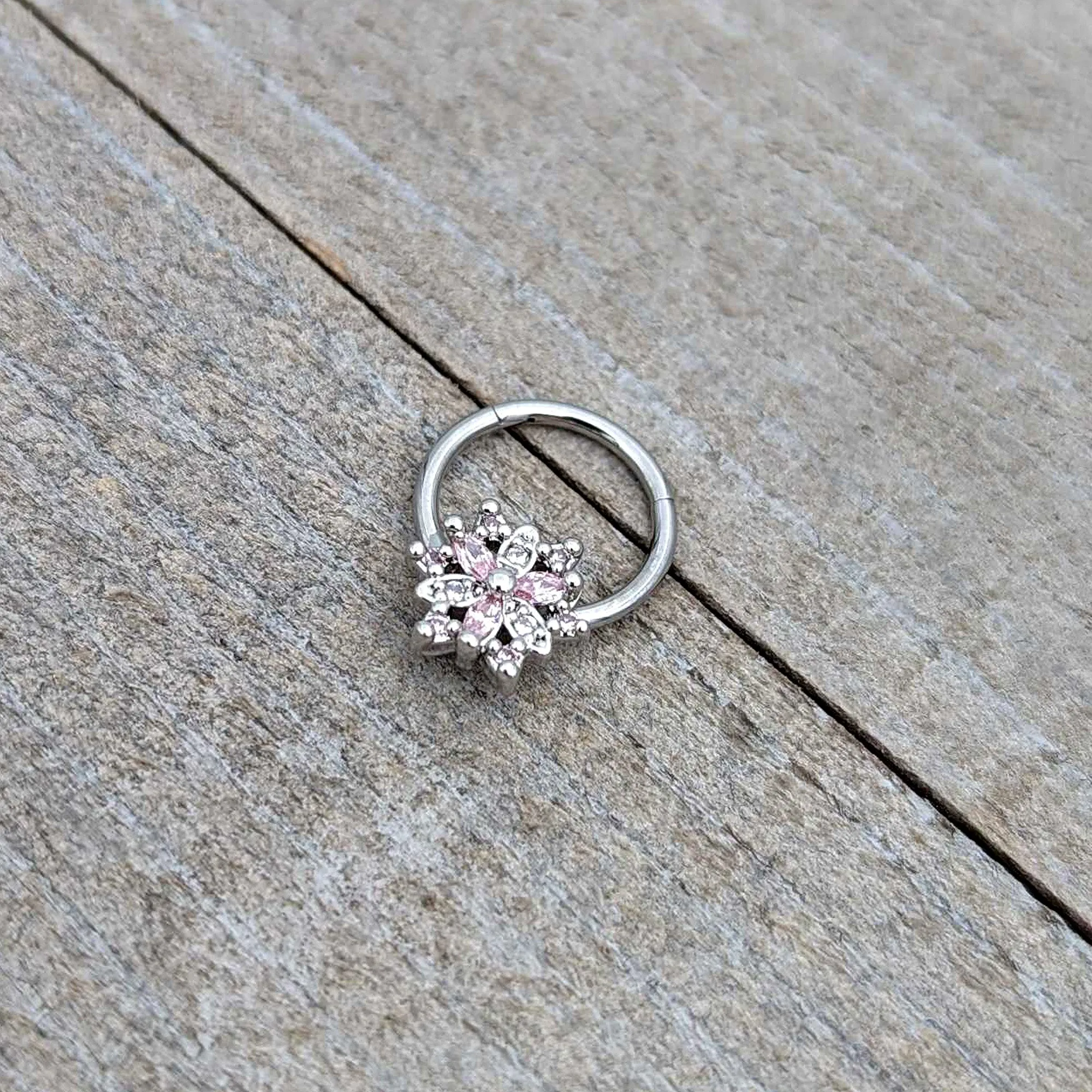 16 Gauge 3/8 Clear Pink CZ Gem Snowflake Hinged Circular Ring