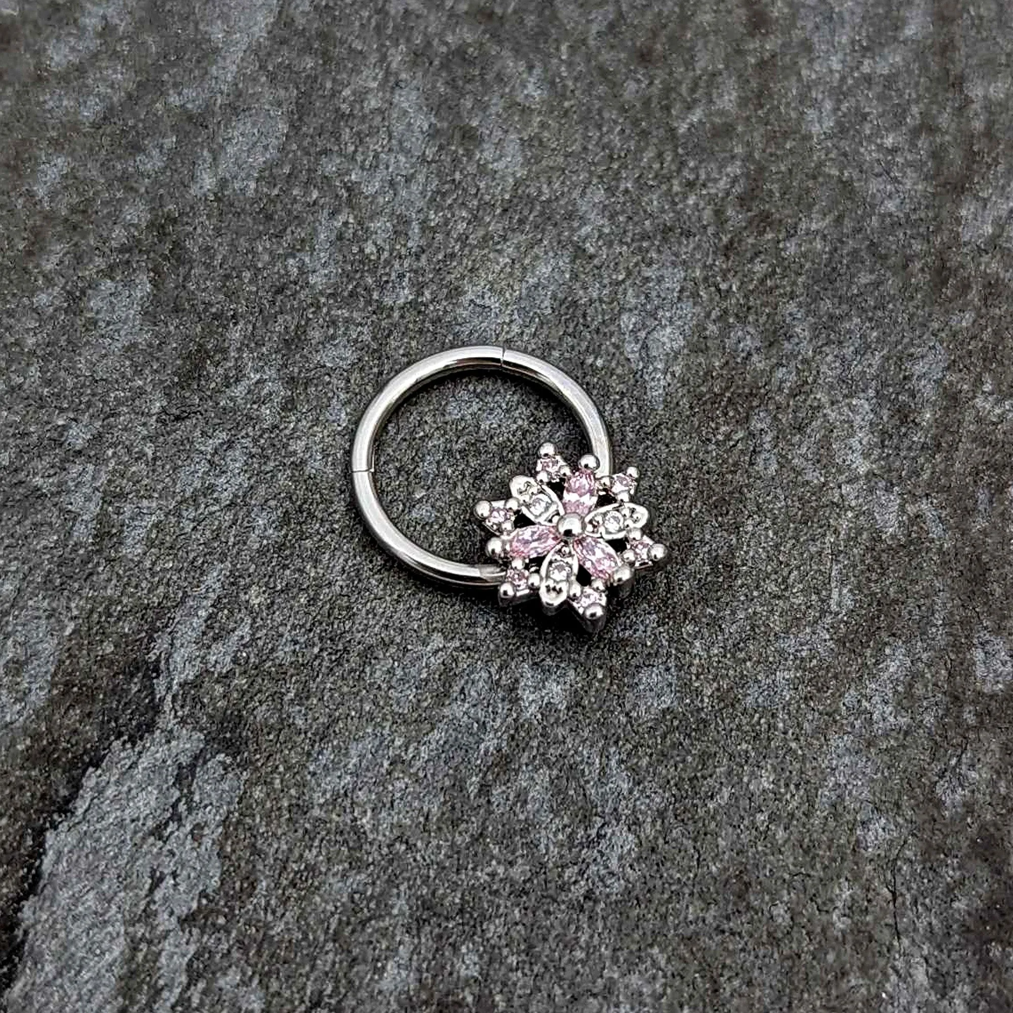 16 Gauge 3/8 Clear Pink CZ Gem Snowflake Hinged Circular Ring