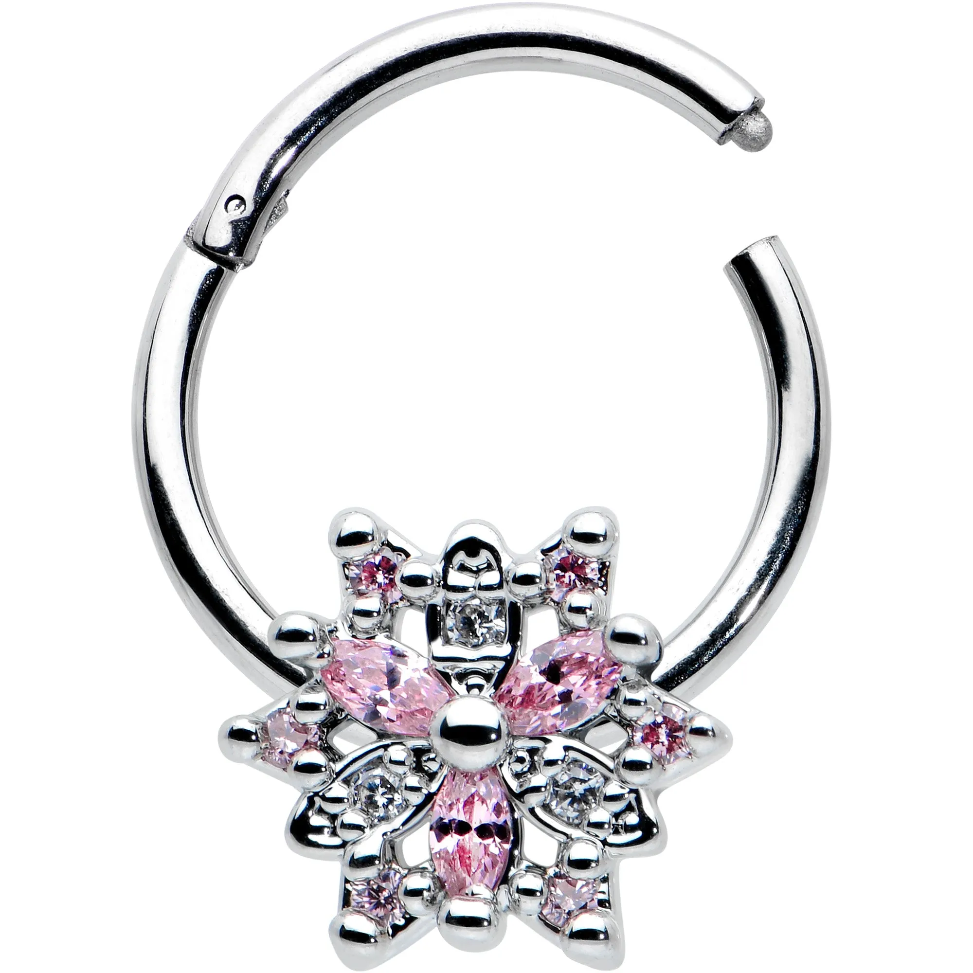 16 Gauge 3/8 Clear Pink CZ Gem Snowflake Hinged Circular Ring