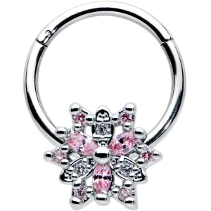 16 Gauge 3/8 Clear Pink CZ Gem Snowflake Hinged Circular Ring