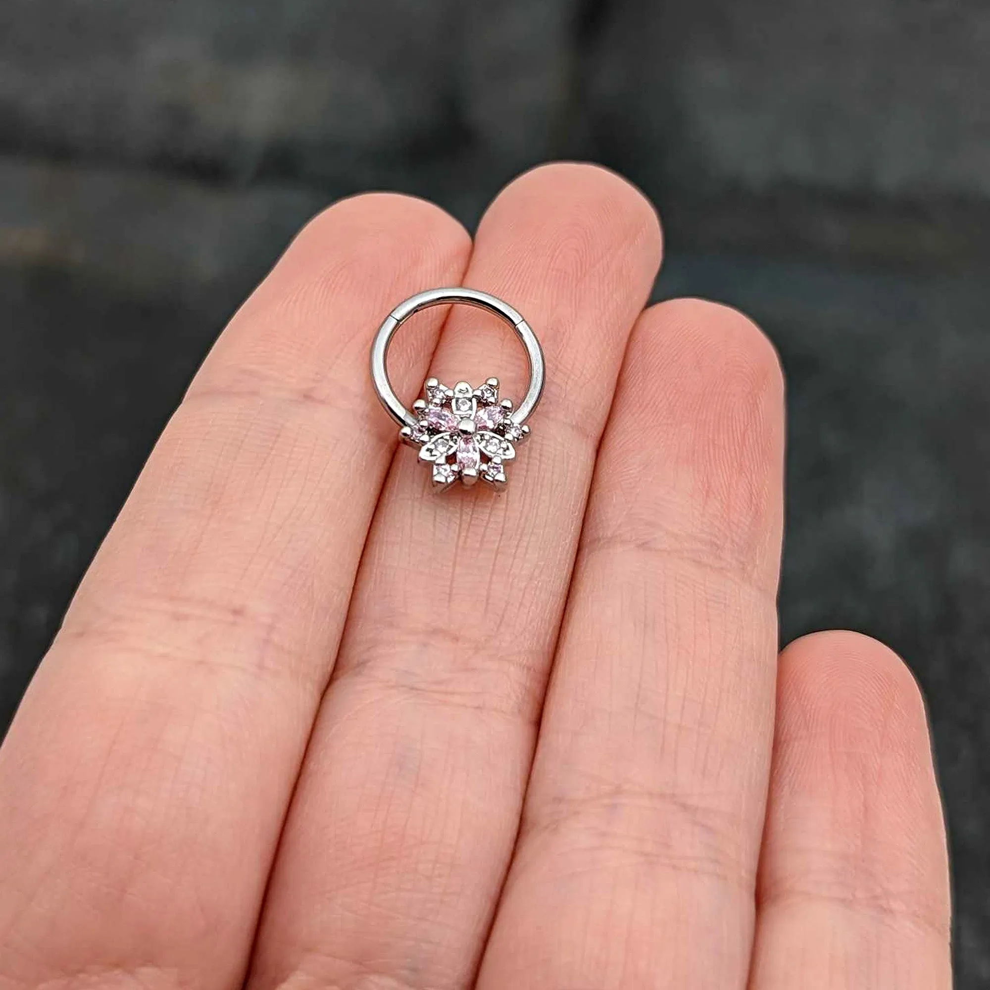 16 Gauge 3/8 Clear Pink CZ Gem Snowflake Hinged Circular Ring