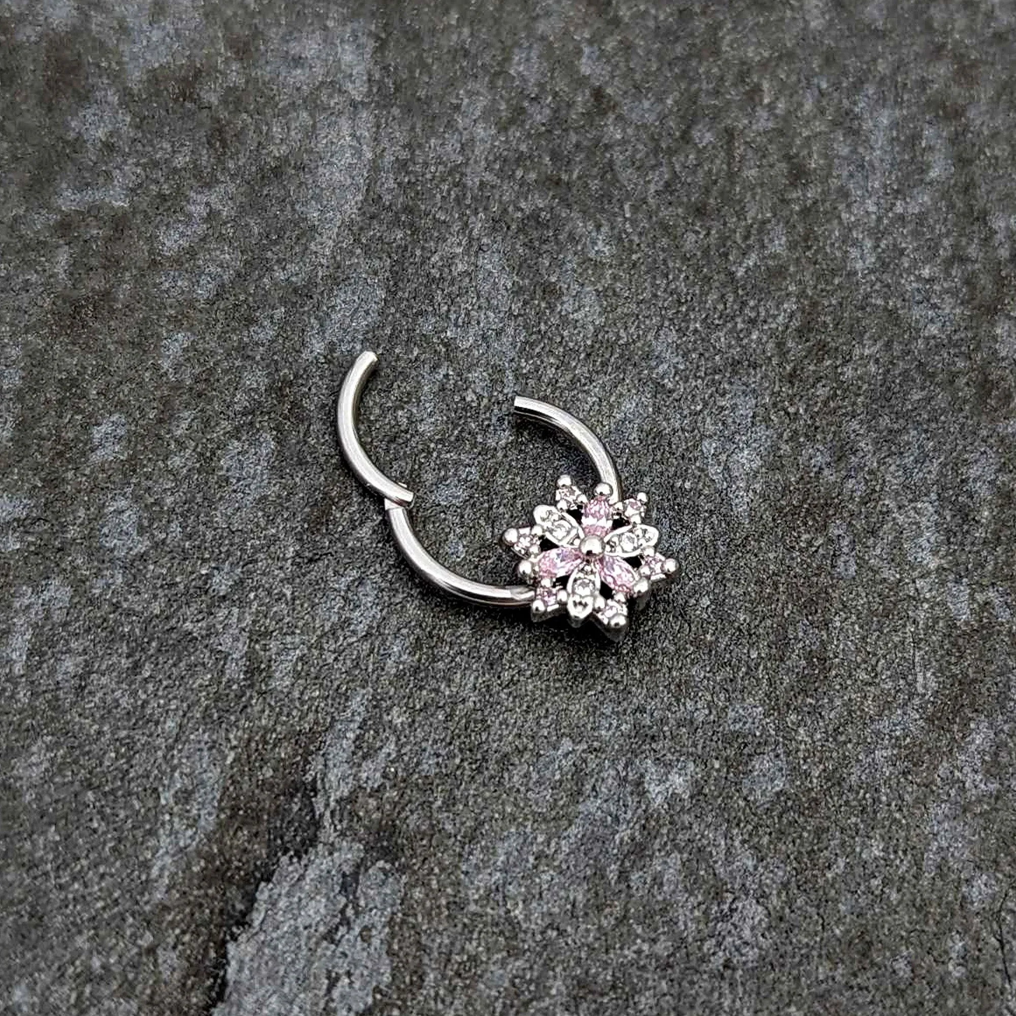 16 Gauge 3/8 Clear Pink CZ Gem Snowflake Hinged Circular Ring
