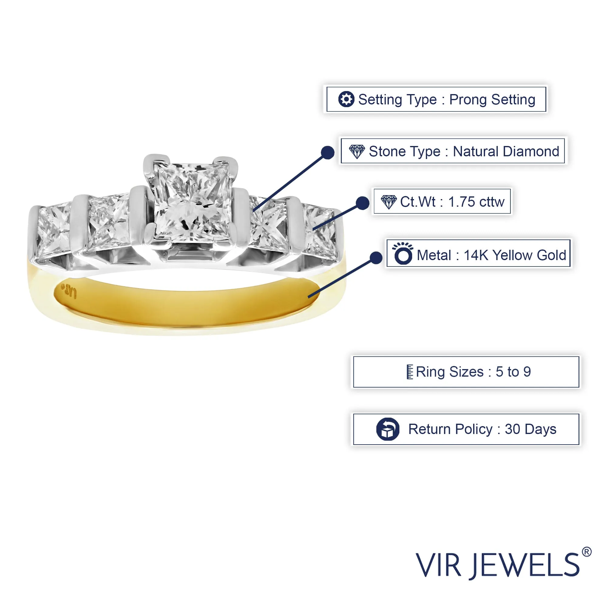 1.75 cttw 5 Princess Diamond Engagement Rings 14K Gold
