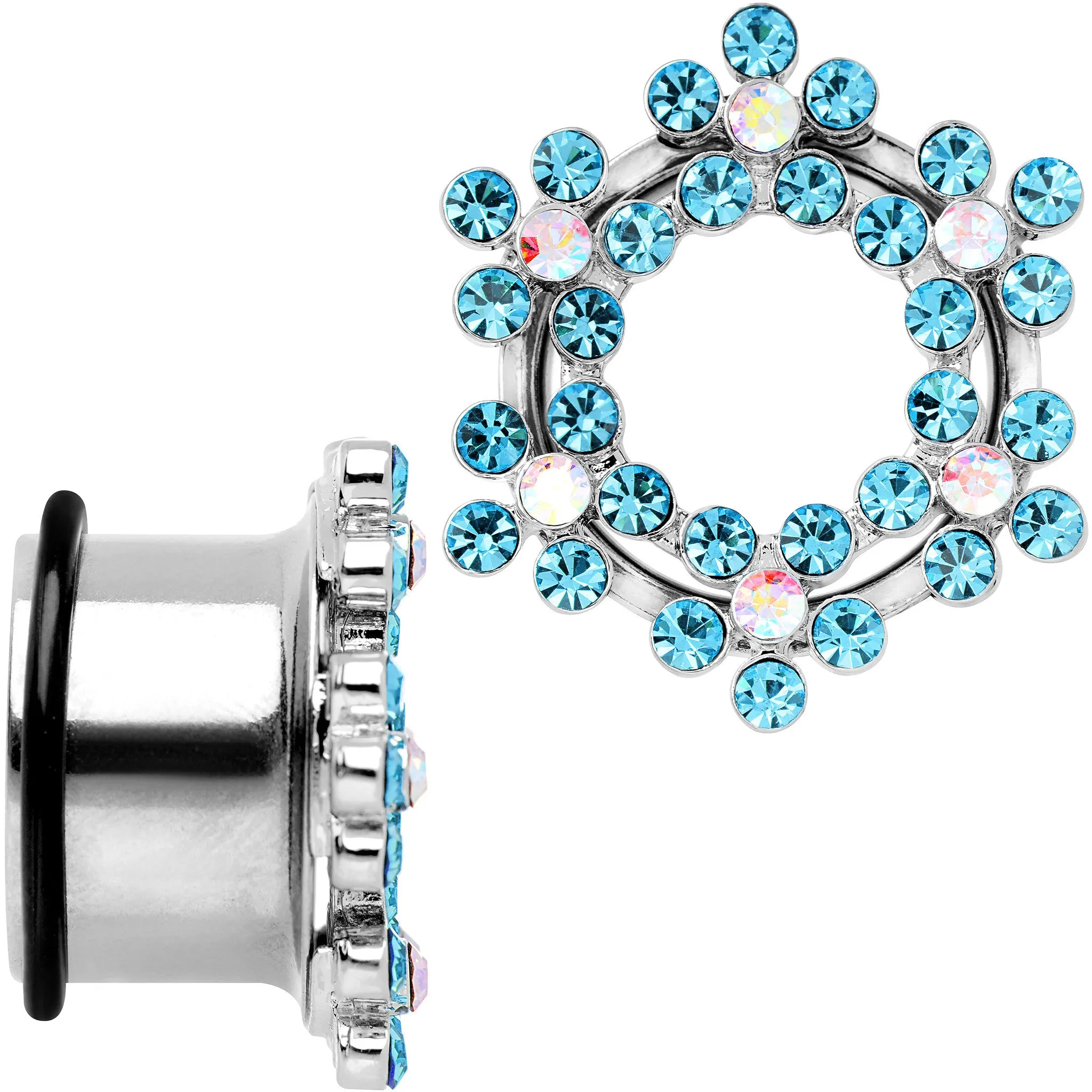 18mm Aqua and Aurora Gem Snowflake Steel Tunnel Plug Set