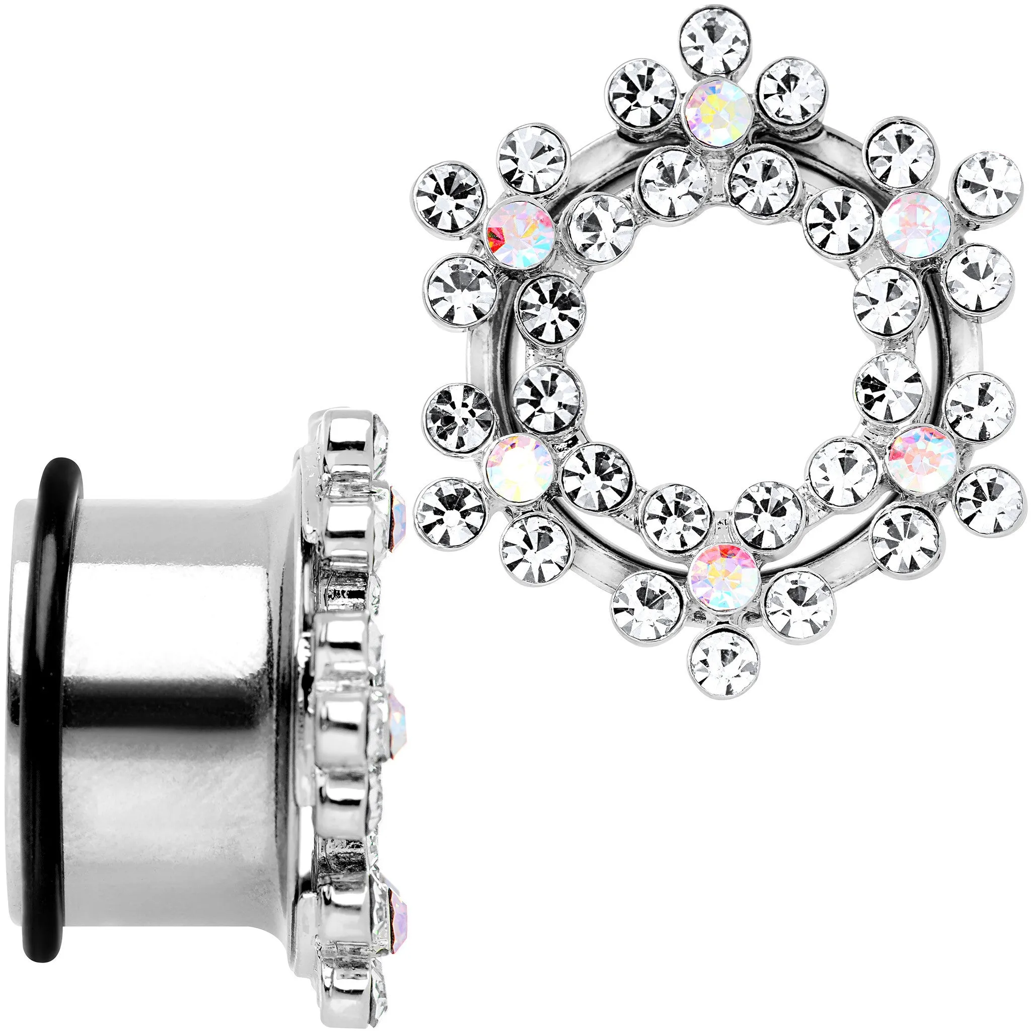 18mm Clear and Aurora Gem Snowflake Steel Tunnel Plug Set