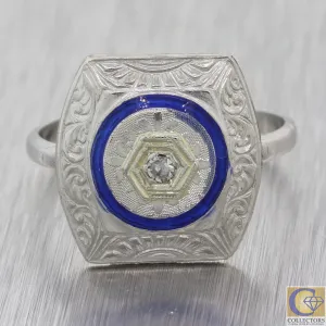 1920s Antique Art Deco Platinum Diamond Blue Enamel Cocktail Ring F8