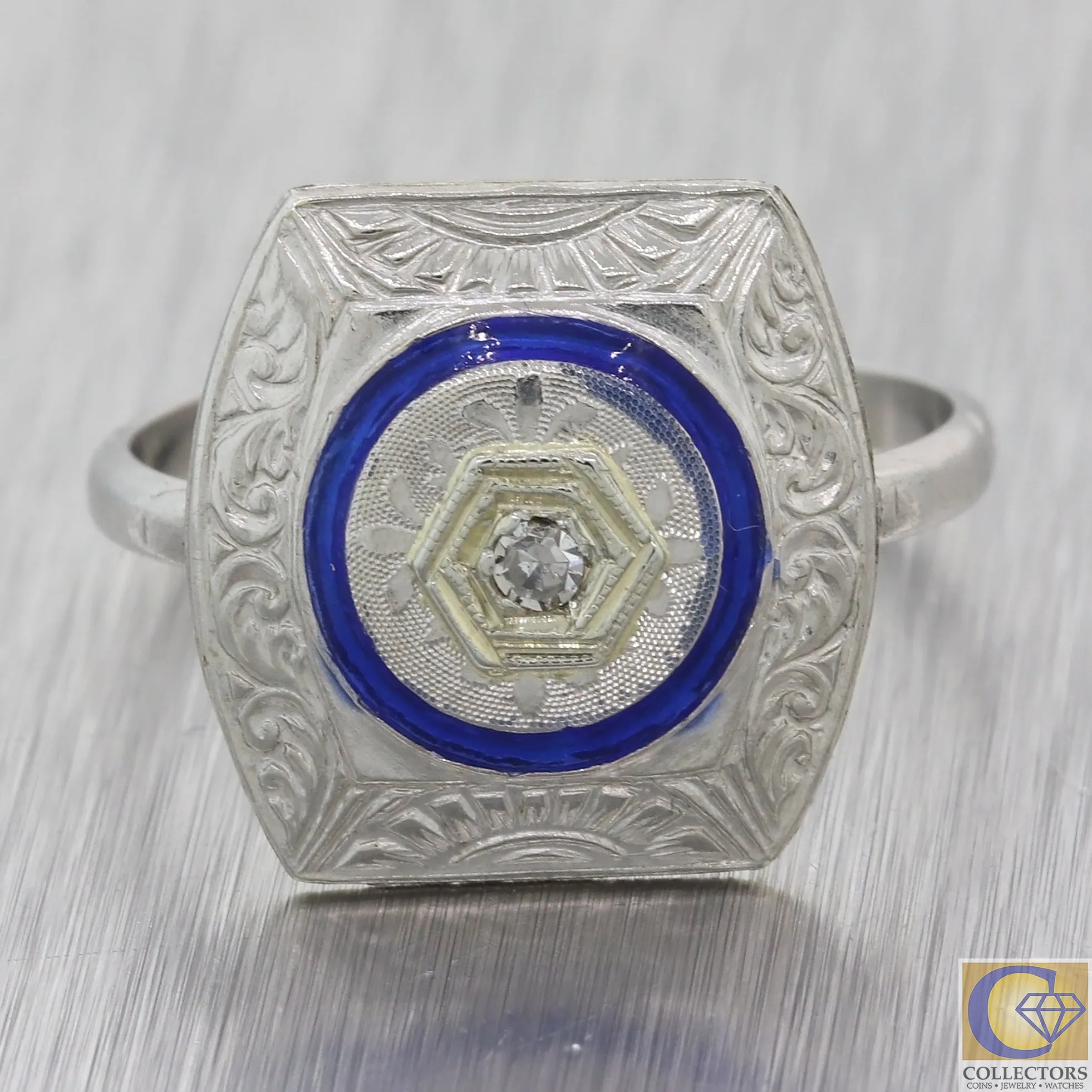 1920s Antique Art Deco Platinum Diamond Blue Enamel Cocktail Ring F8