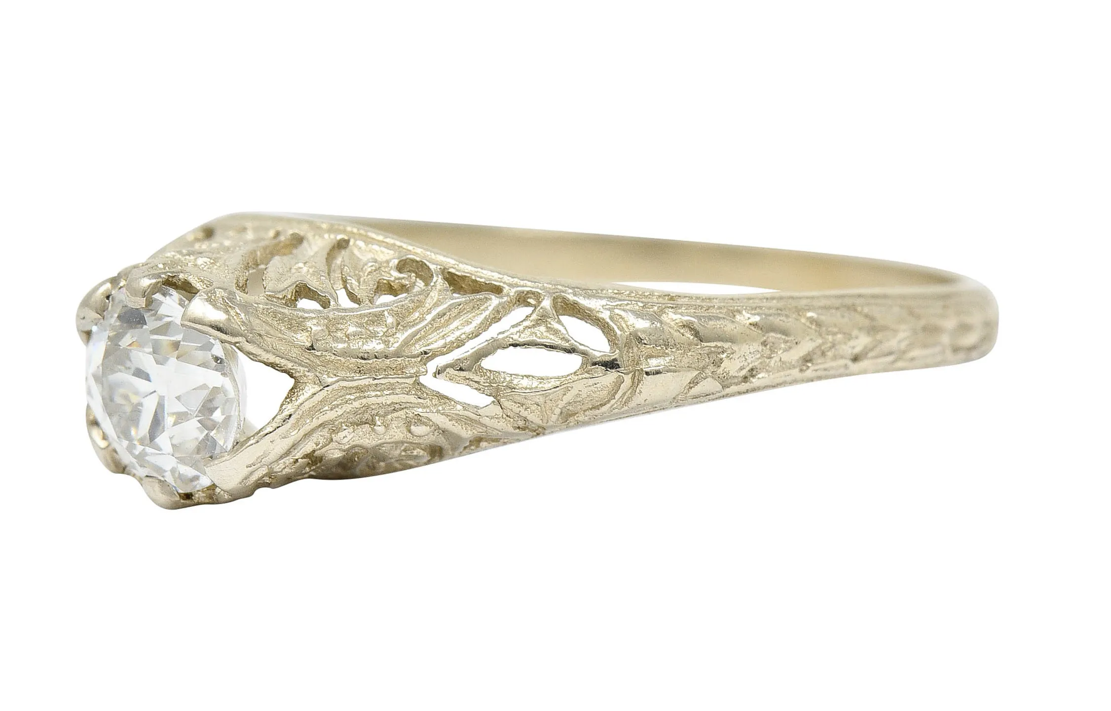 1920's Art Deco 0.48 CTW Diamond 18 Karat White Gold Foliate Engagement Ring